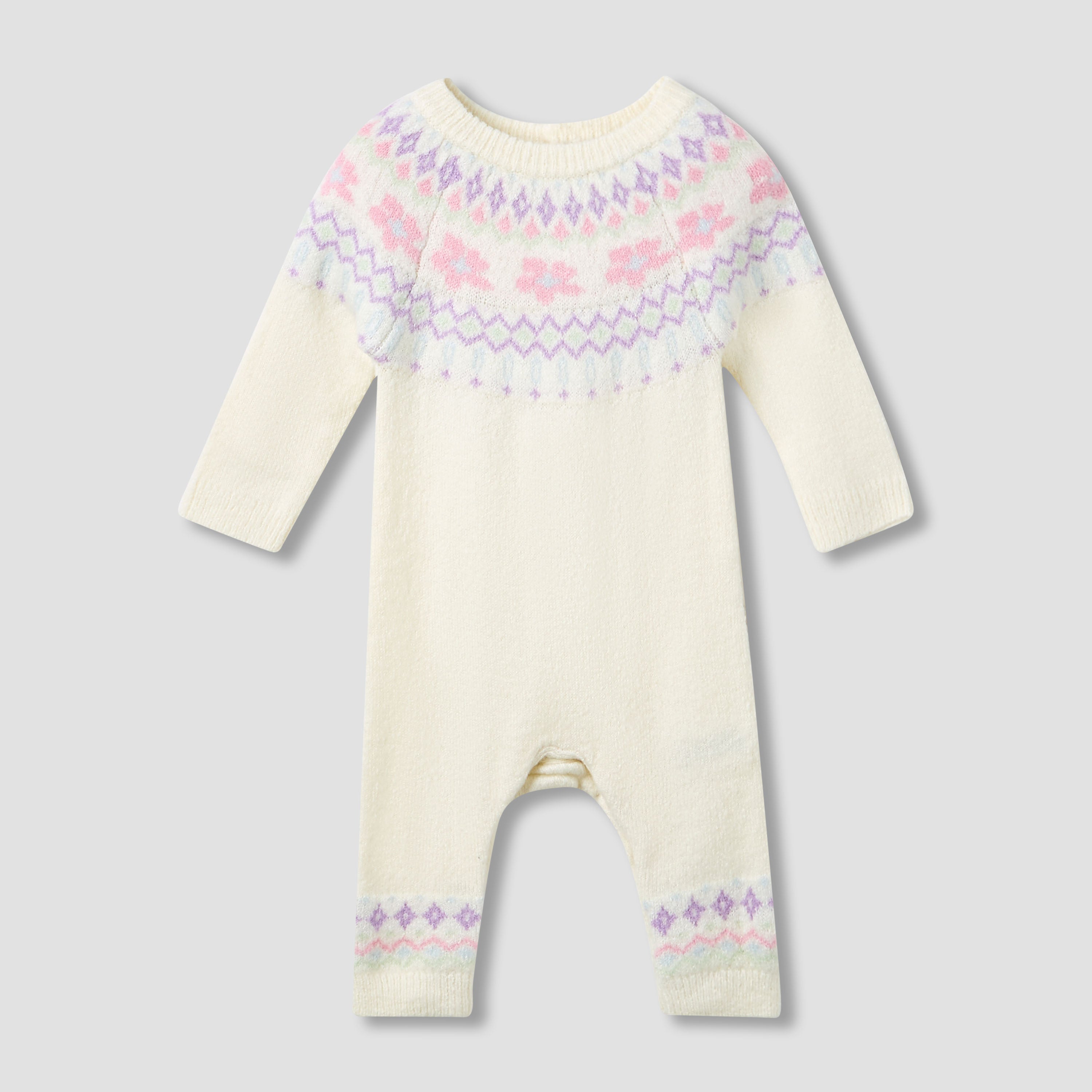 Juniors Cotton Crew Neck Long Sleeves Sleepsuit with Fair Isle Texture - Cream / 12-18 mths