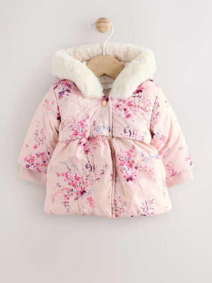 Pink Puffer Floral Baby Coat (0mths-2yrs) - Size Up to 1 Month (56cm)