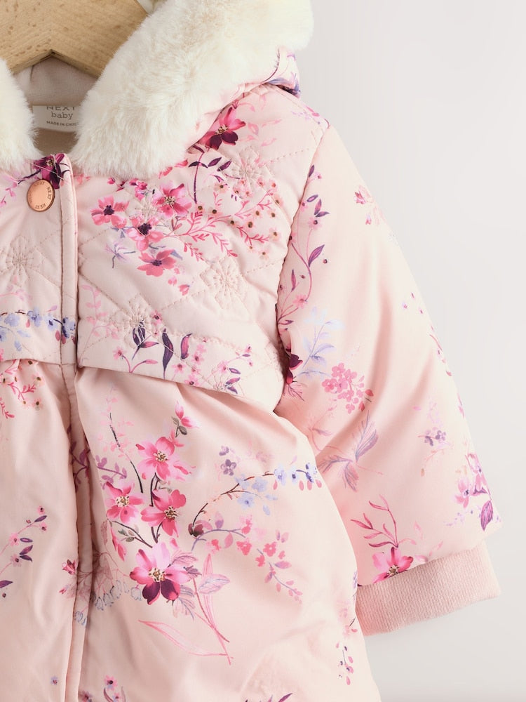 Pink Puffer Floral Baby Coat (0mths-2yrs) - Size Up to 1 Month (56cm)