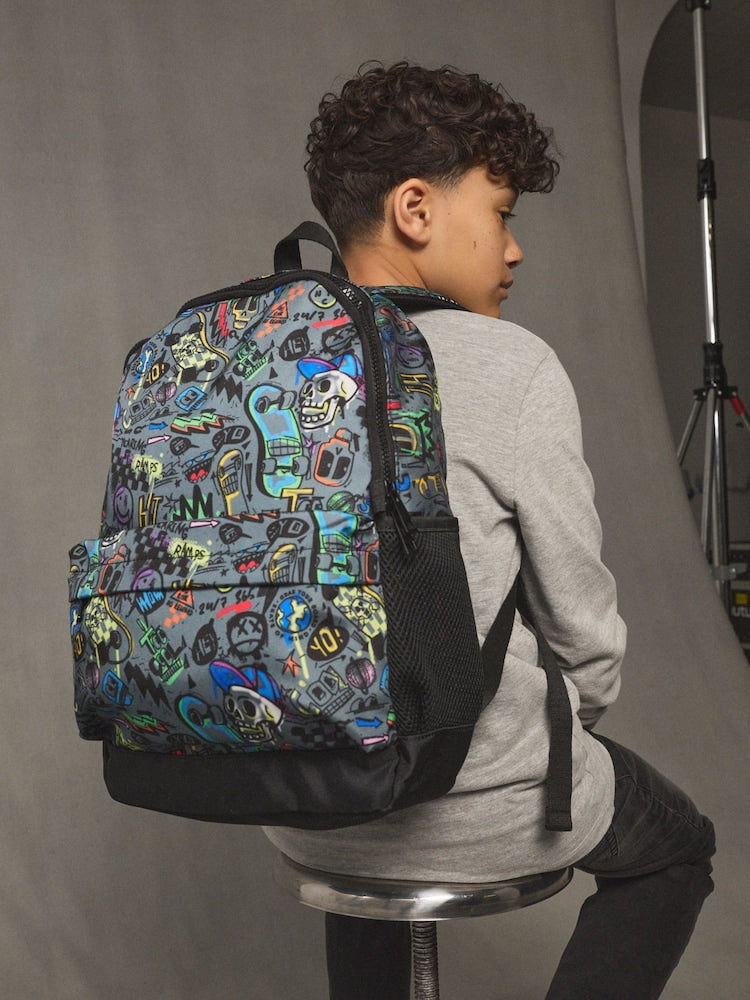 Grey Doodle Print Backpack - Size One