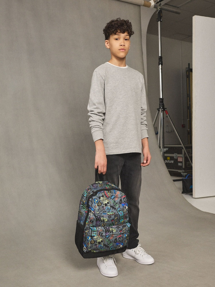 Grey Doodle Print Backpack - Size One