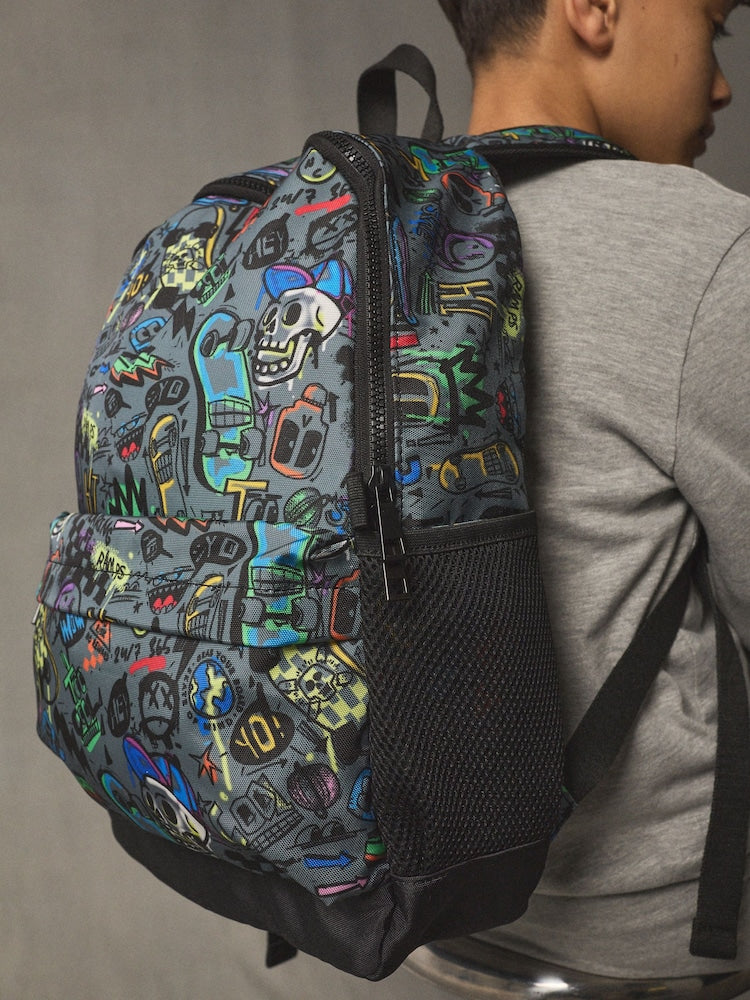 Grey Doodle Print Backpack - Size One