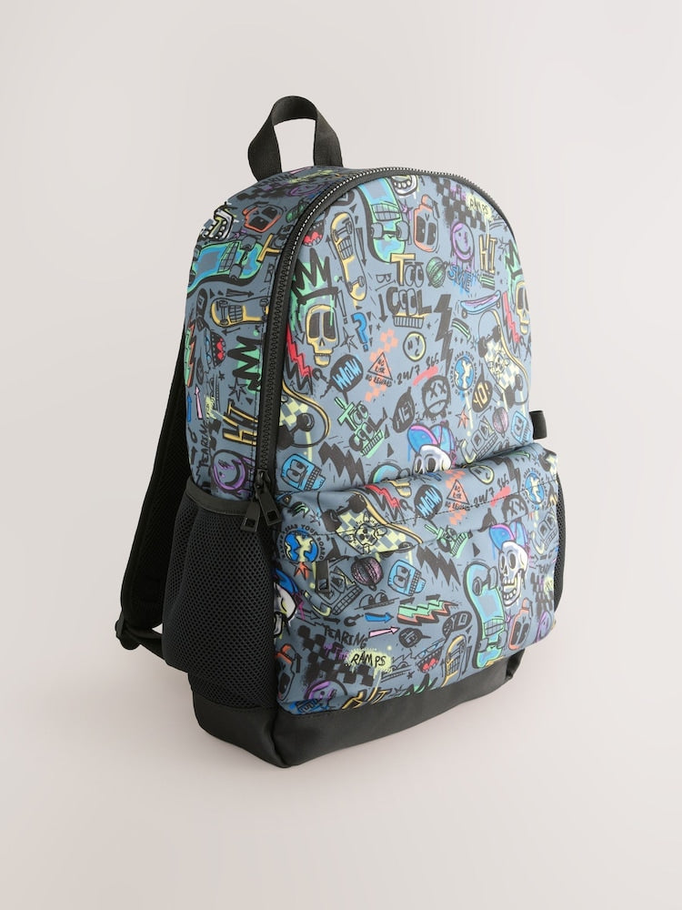Grey Doodle Print Backpack - Size One