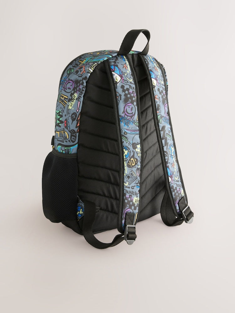 Grey Doodle Print Backpack - Size One