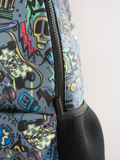 Grey Doodle Print Backpack - Size One
