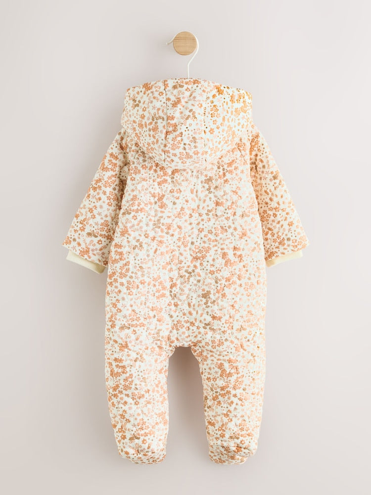 Ecru Floral Printed Baby Hooded Crinkle Woven Pramsuit (0mths-2yrs)