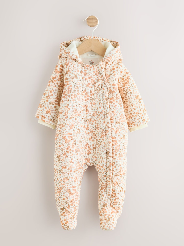Ecru Floral Printed Baby Hooded Crinkle Woven Pramsuit (0mths-2yrs)