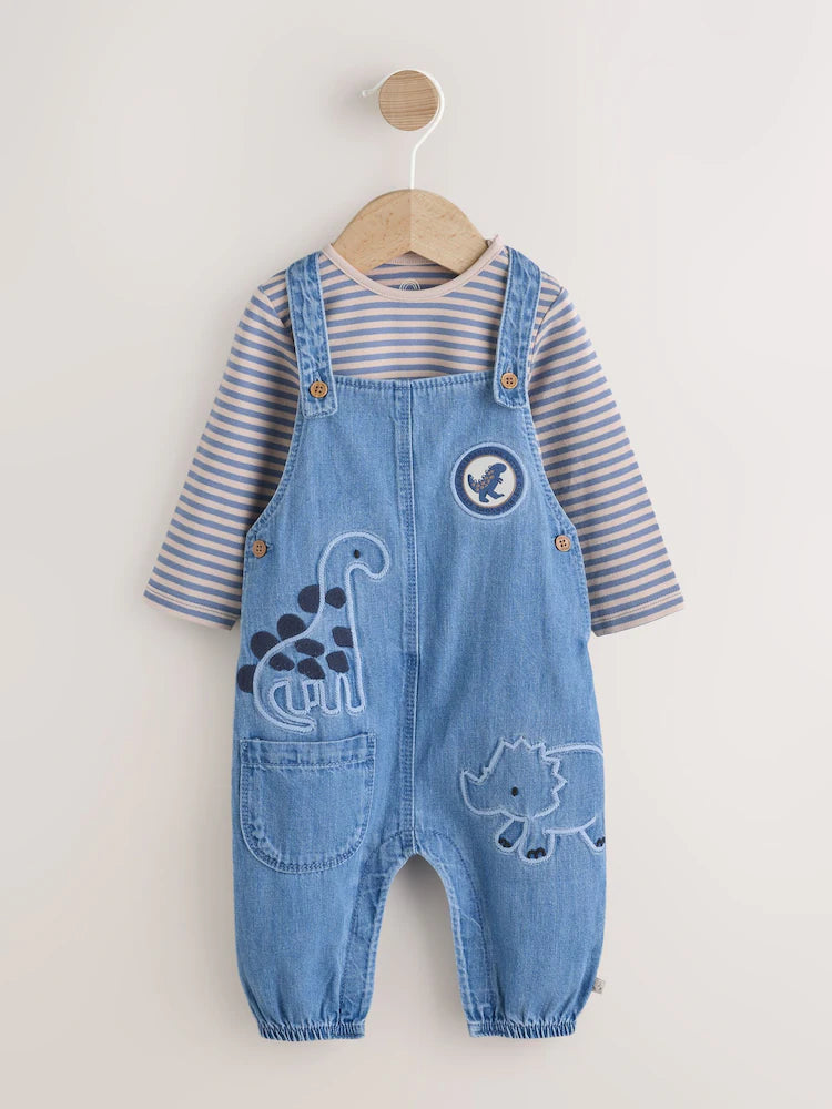 Blue Dinosaur Baby Denim Dungarees and Bodysuit Set (0mths-2yrs)