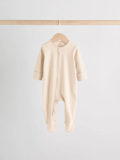 Beige Baby Two Way Zip Sleepsuits 3 Pack (0-2yrs)