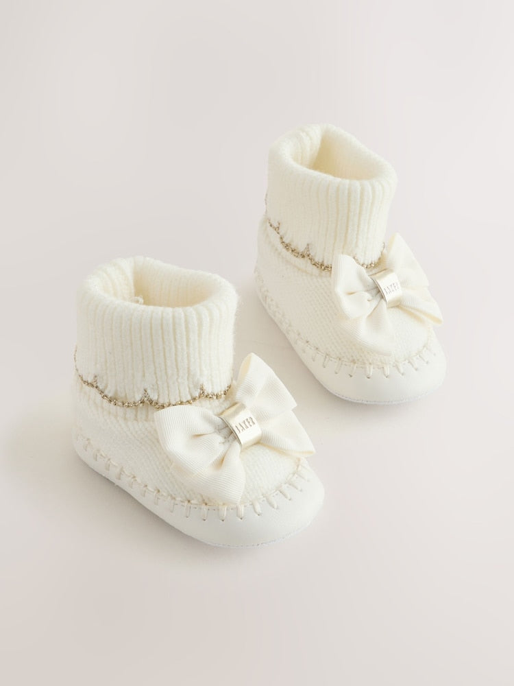 Baby Girls Scallop Edge Knitted Padders Booties with Bow - Cream / Up To 3 Months (50 - 62cm)