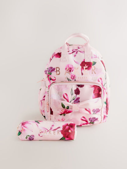 Baker by Ted Baker Girls Pink Back to School Floral Print Bow Backpack - Size One
