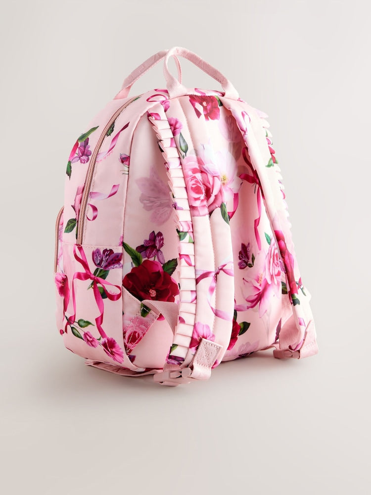 Baker by Ted Baker Girls Pink Back to School Floral Print Bow Backpack - Size One