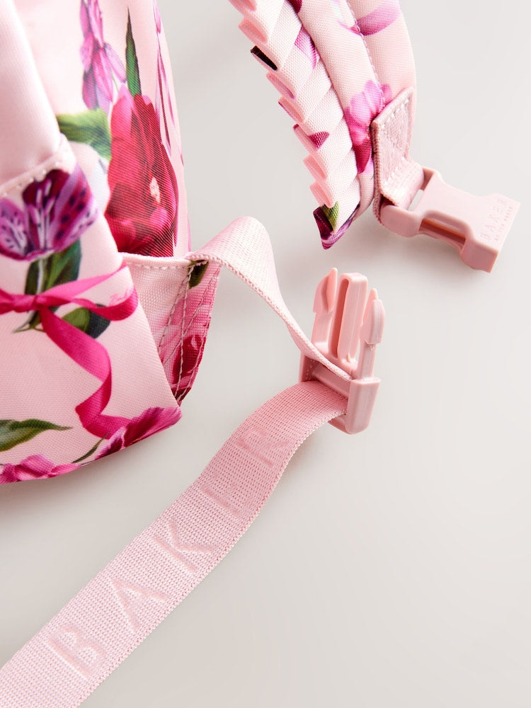 Baker by Ted Baker Girls Pink Back to School Floral Print Bow Backpack - Size One