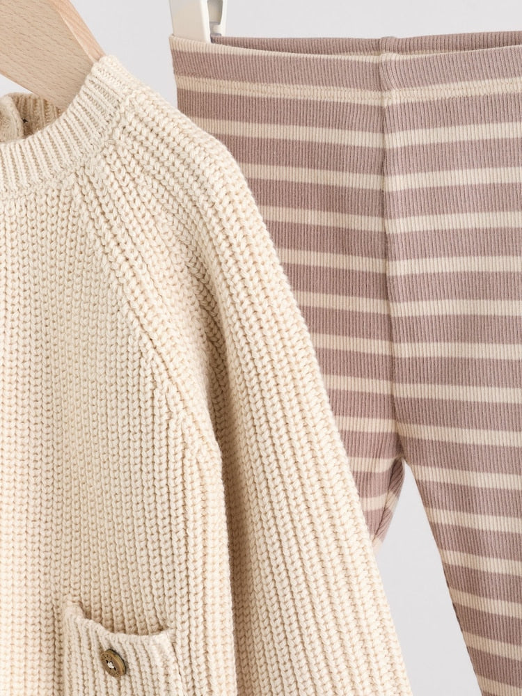Neutral Stripe Baby Knitted Jumper and Leggings Set (0mths-2yrs) - Size Up to 3 Months (62cm)