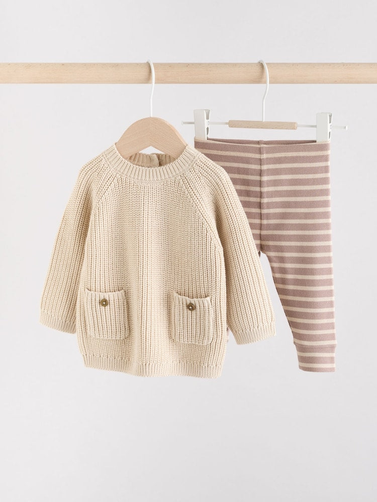 Neutral Stripe Baby Knitted Jumper and Leggings Set (0mths-2yrs) - Size Up to 3 Months (62cm)