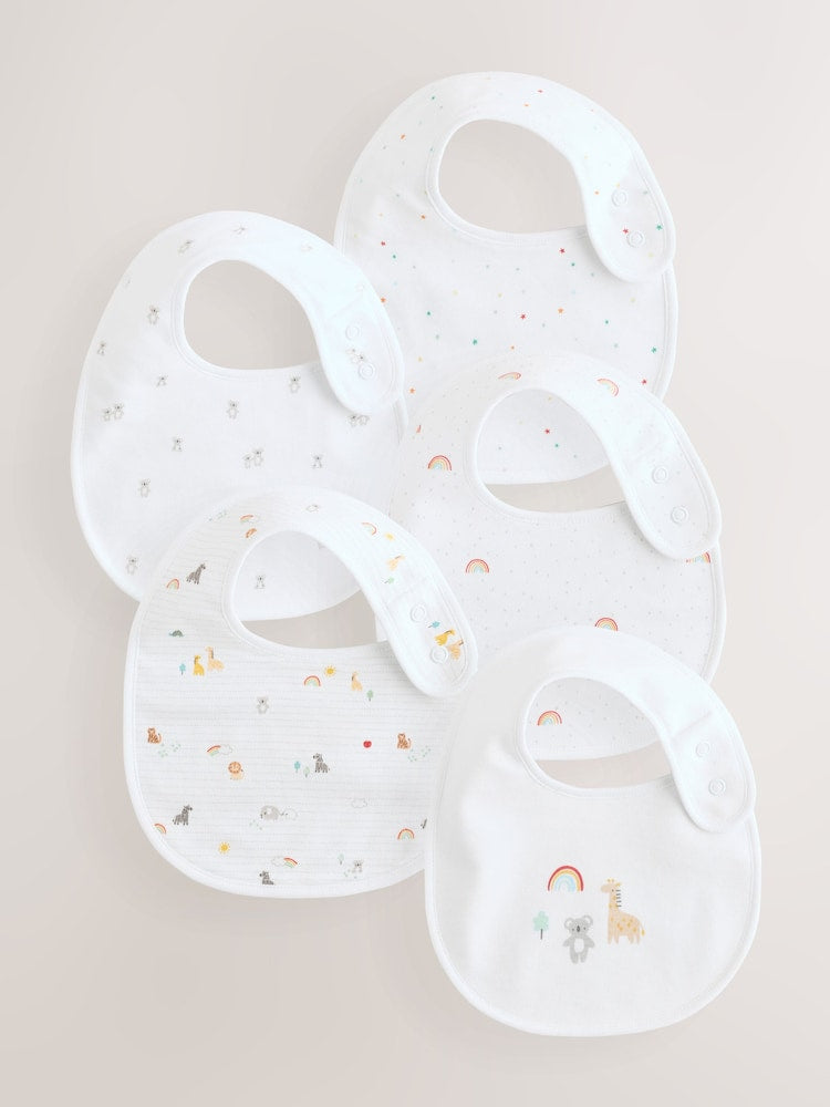 White Animal Print Baby Bibs 5 Pack - Up to 1 Month (50-56cm)