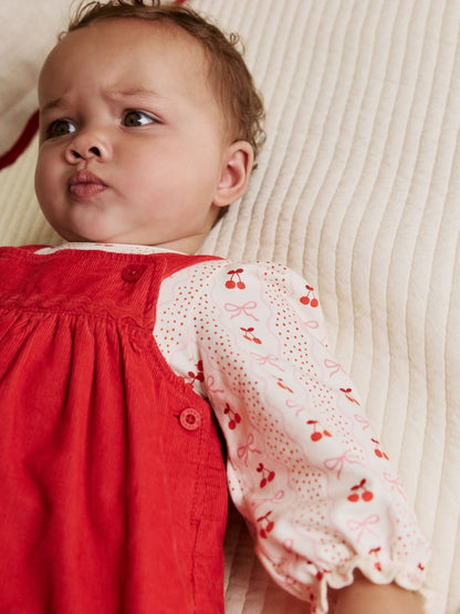 Red Bow Baby Cord Pinafore Long Sleeve Bodysuit &amp; Tights Set (0mths-2yrs)