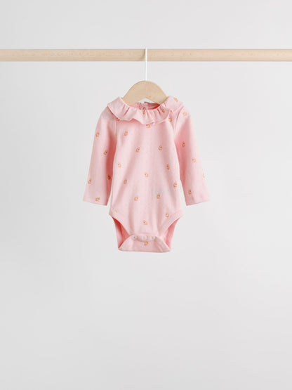 Pink/ Cream/ Brown Ditsy Baby Long Sleeve Frill Bodysuits 4 Pack (0mths-2yrs)