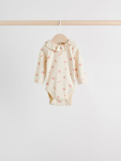 Pink/ Cream/ Brown Ditsy Baby Long Sleeve Frill Bodysuits 4 Pack (0mths-2yrs)