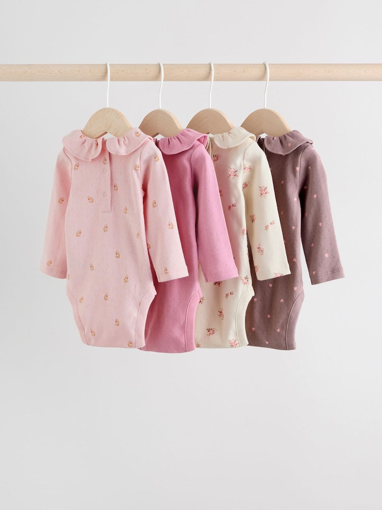 Pink/ Cream/ Brown Ditsy Baby Long Sleeve Frill Bodysuits 4 Pack (0mths-2yrs)