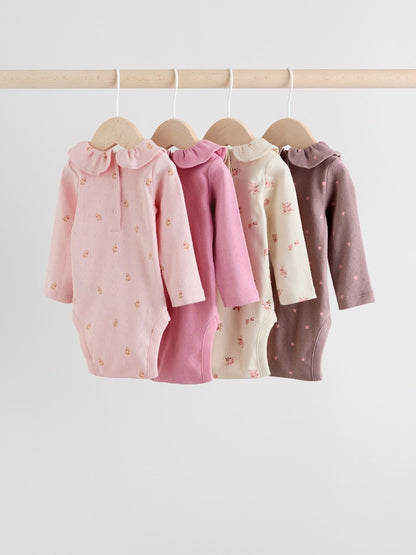 Pink/ Cream/ Brown Ditsy Baby Long Sleeve Frill Bodysuits 4 Pack (0mths-2yrs)