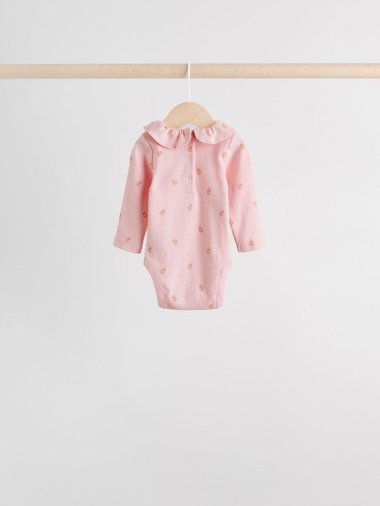 Pink/ Cream/ Brown Ditsy Baby Long Sleeve Frill Bodysuits 4 Pack (0mths-2yrs)
