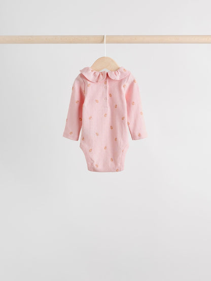 Pink/ Cream/ Brown Ditsy Baby Long Sleeve Frill Bodysuits 4 Pack (0mths-2yrs)