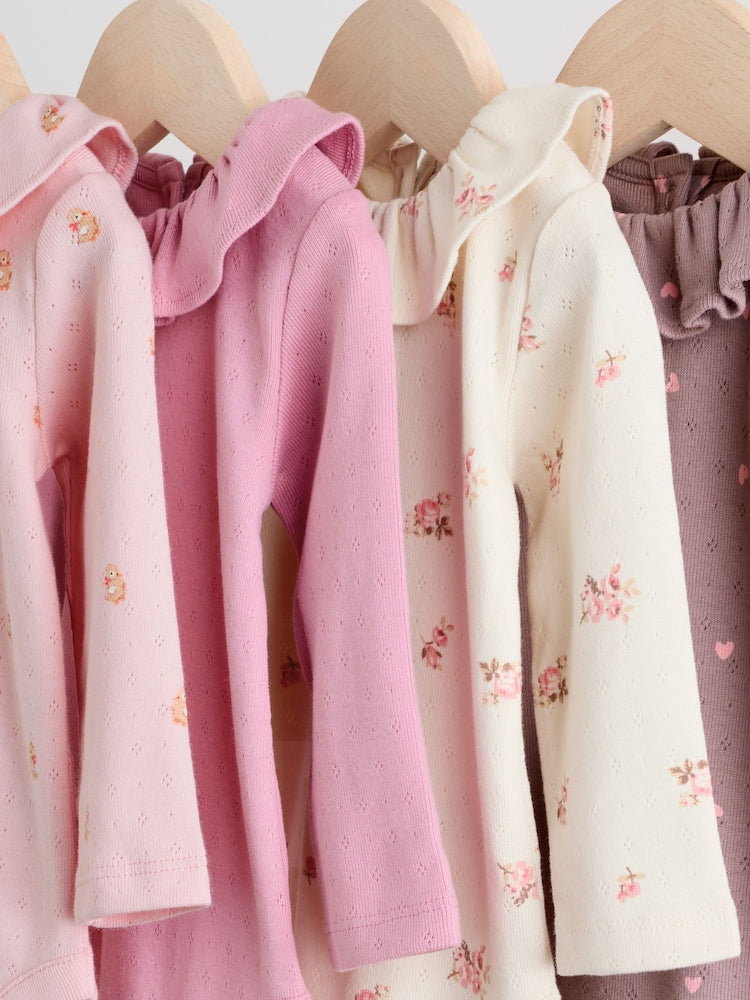 Pink/ Cream/ Brown Ditsy Baby Long Sleeve Frill Bodysuits 4 Pack (0mths-2yrs)