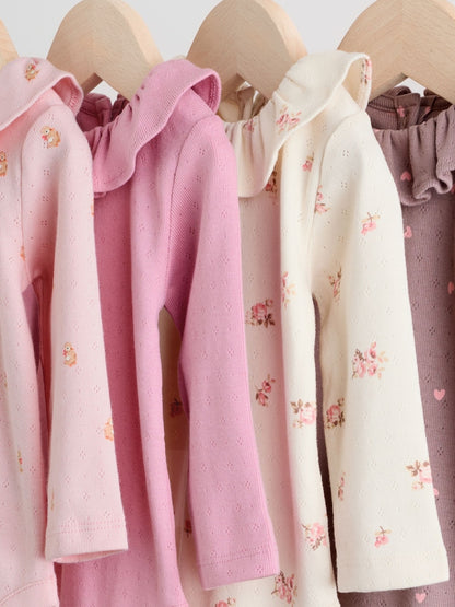 Pink/ Cream/ Brown Ditsy Baby Long Sleeve Frill Bodysuits 4 Pack (0mths-2yrs)
