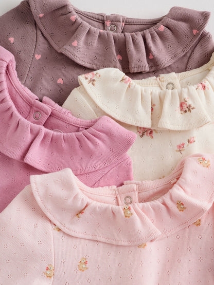 Pink/ Cream/ Brown Ditsy Baby Long Sleeve Frill Bodysuits 4 Pack (0mths-2yrs)
