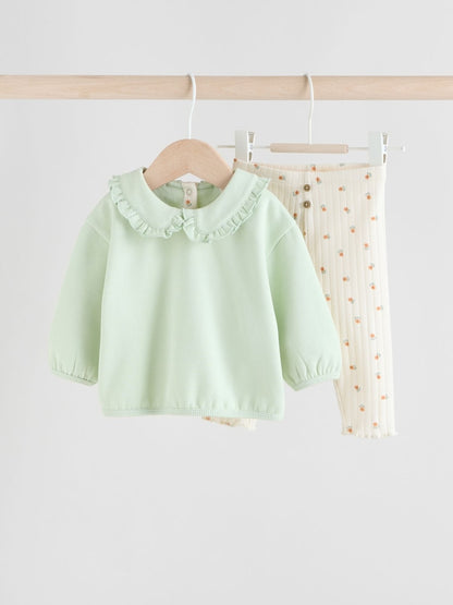 Sage Green/ Cream Ditsy Baby Frill Collar Sweater and Leggings 2 Piece Set (0mths-2yrs) - 12-18 Months (80-86cm)