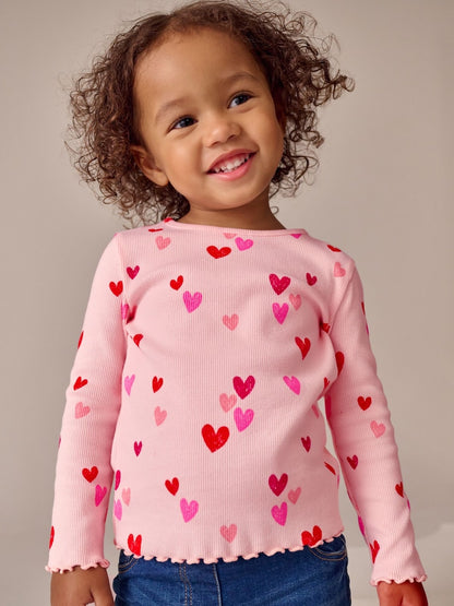 Pink Heart Rib Long Sleeve T-Shirt (3mths-7yrs) - Pink Heart Rib Long Sleeve / 12-18 Months (80-86cm)