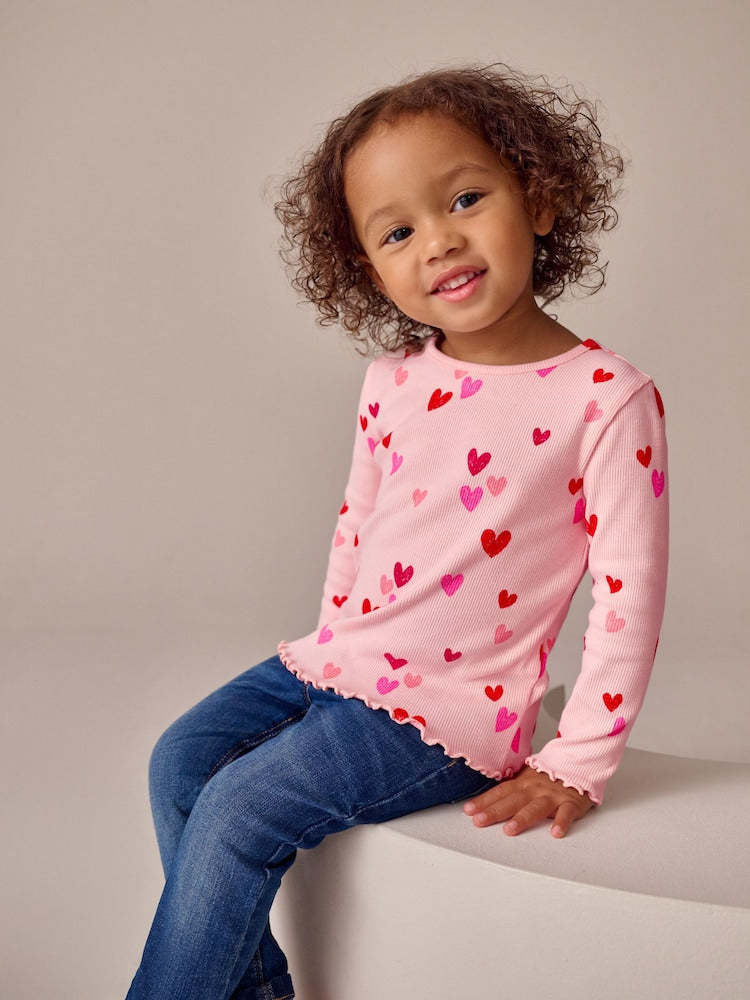 Pink Heart Rib Long Sleeve T-Shirt (3mths-7yrs) - Size 3-6 Months (62-68cm)