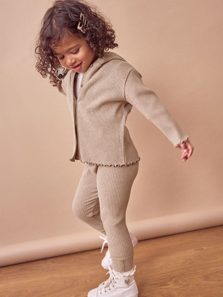 Brown Ribbed Hooded Cardigan and Leggings Set (3mths-7yrs)