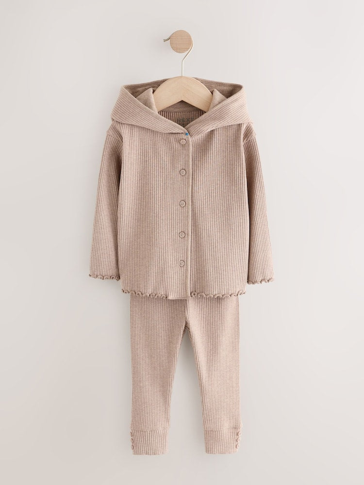 Brown Ribbed Hooded Cardigan and Leggings Set (3mths-7yrs)