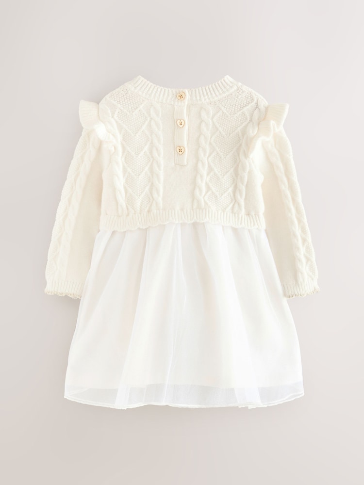 Baker by Ted Baker Cream Knitted Bow Detail Mesh Mockable Dress