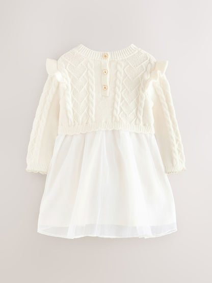 Baker by Ted Baker Cream Knitted Bow Detail Mesh Mockable Dress