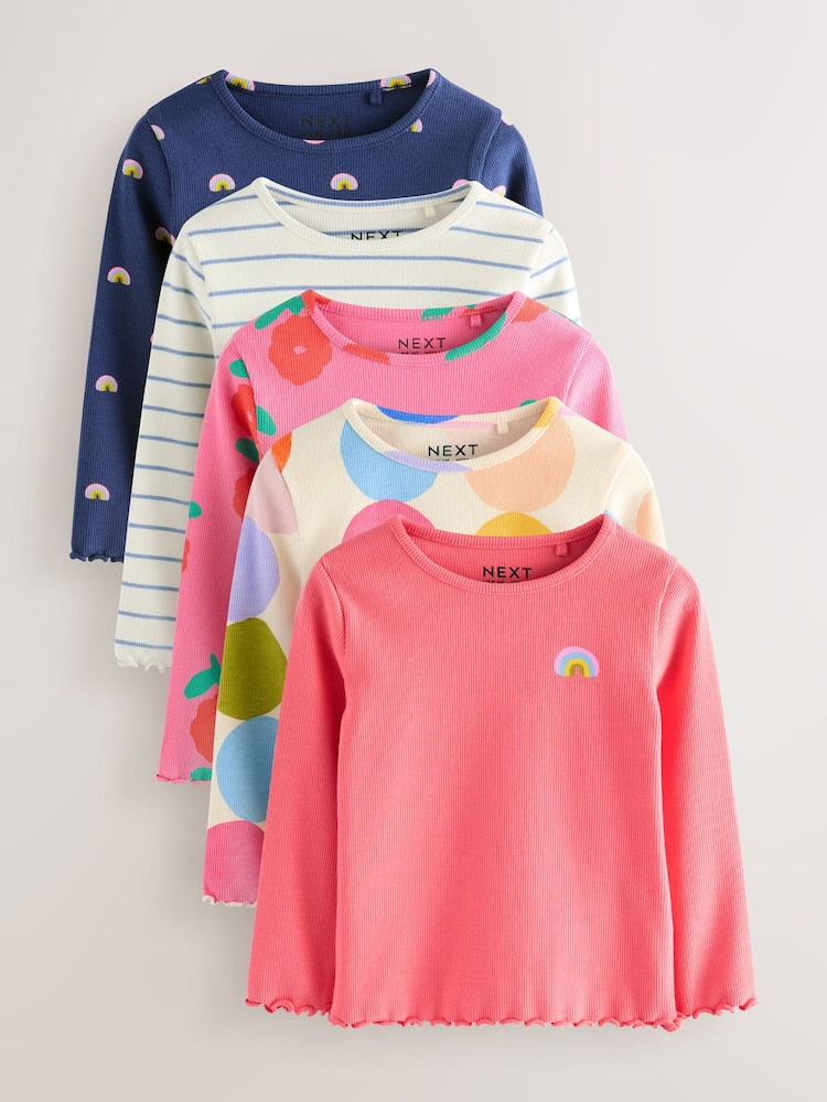 Rainbow Spot Long Sleeve Rib Tops 5 Pack (3mths-7yrs) - Rainbow Spot Long Sleeve Rib / 12-18 Months (80-86cm)