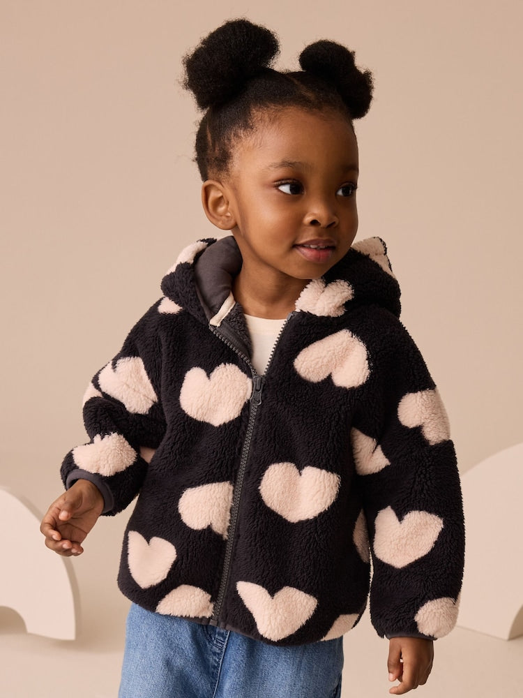 Black Heart Print Zip Through Fleece (3mths-7yrs) - Size 3-6 Months (62-68cm) - Black Heart Print