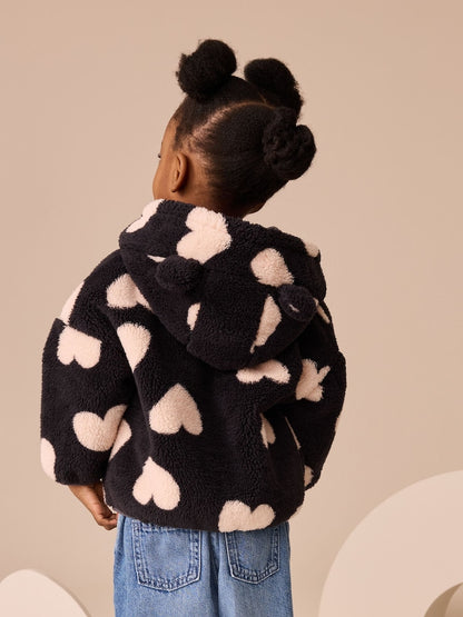 Black Heart Print Zip Through Fleece (3mths-7yrs) - Size 3-6 Months (62-68cm)