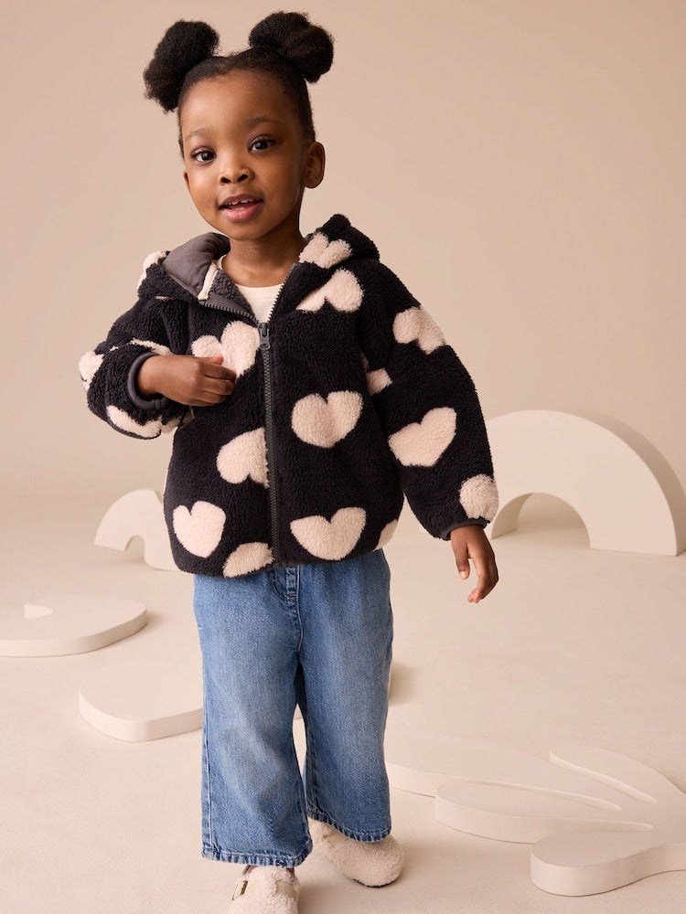 Black Heart Print Zip Through Fleece (3mths-7yrs) - Size 3-6 Months (62-68cm)