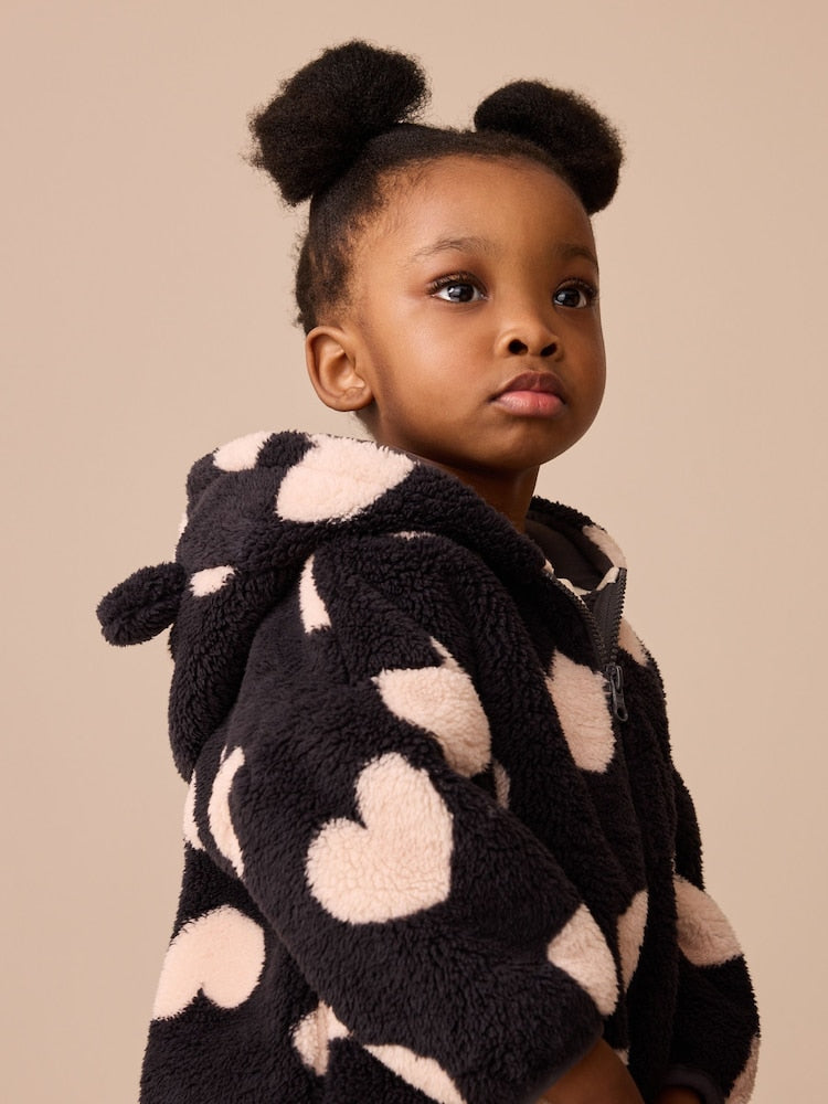 Black Heart Print Zip Through Fleece (3mths-7yrs) - Size 3-6 Months (62-68cm)