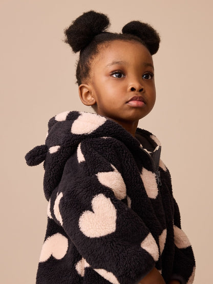 Black Heart Print Zip Through Fleece (3mths-7yrs) - Size 3-6 Months (62-68cm)
