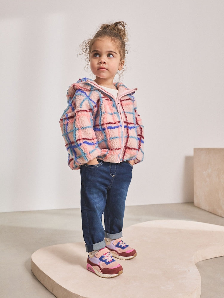 Pink Grid Print Zip Through Fleece (3mths-7yrs) - Size 3-6 Months (62-68cm)
