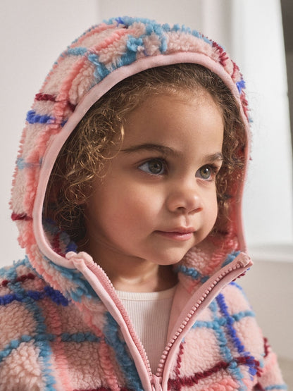 Pink Grid Print Zip Through Fleece (3mths-7yrs) - Size 3-6 Months (62-68cm)