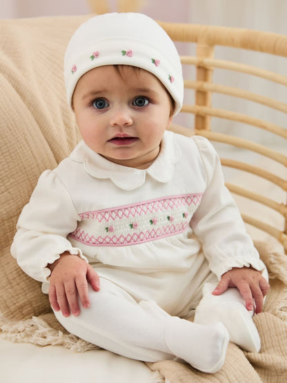 JoJo Maman Bébé Cream Cotton 2-Piece Smocked Sleepsuit and Hat Set - Up To 3 Months (50 - 62cm)