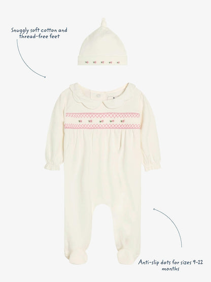 JoJo Maman Bébé Cream Cotton 2-Piece Smocked Sleepsuit and Hat Set