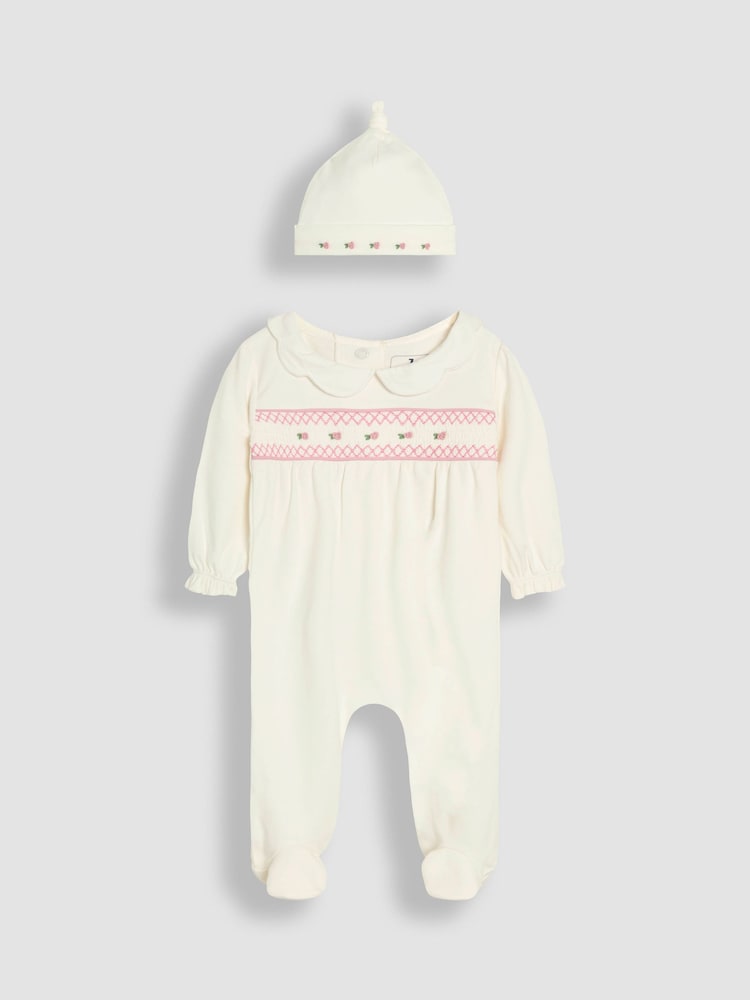 JoJo Maman Bébé Cream Cotton 2-Piece Smocked Sleepsuit and Hat Set