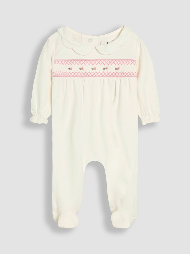 JoJo Maman Bébé Cream Cotton 2-Piece Smocked Sleepsuit and Hat Set