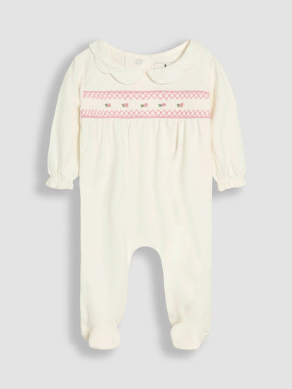 JoJo Maman Bébé Cream Cotton 2-Piece Smocked Sleepsuit and Hat Set